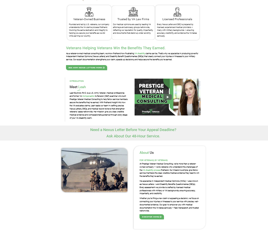 Prestige Veteran Medical Consulting WordPress homepage