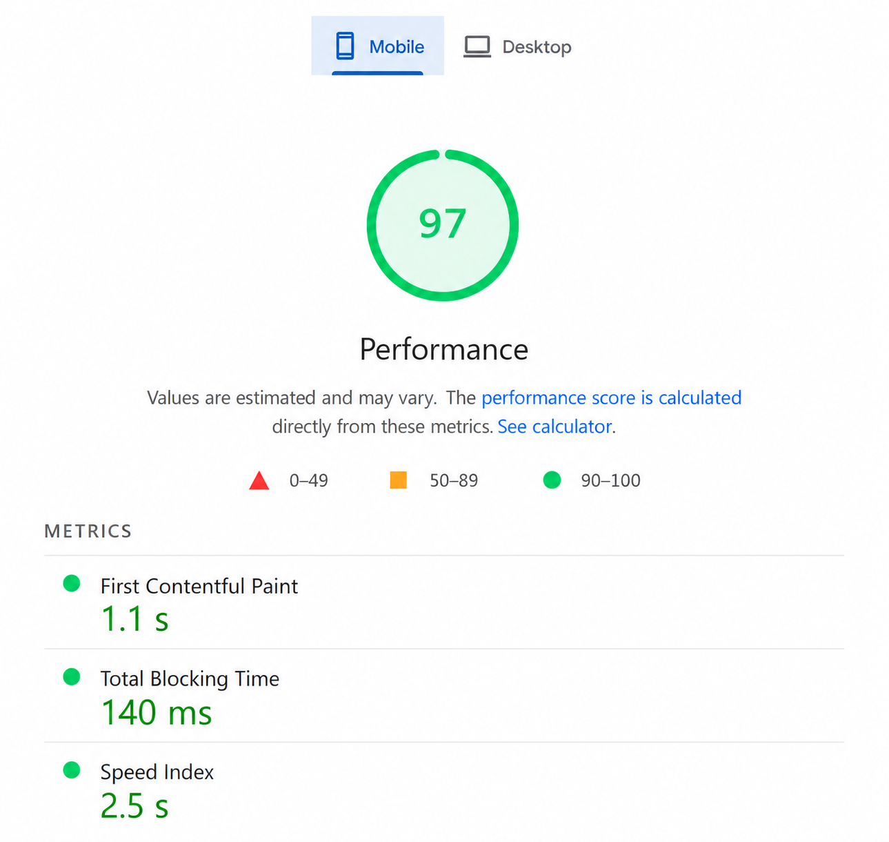 PageSpeed Insights mobile performance result of 97