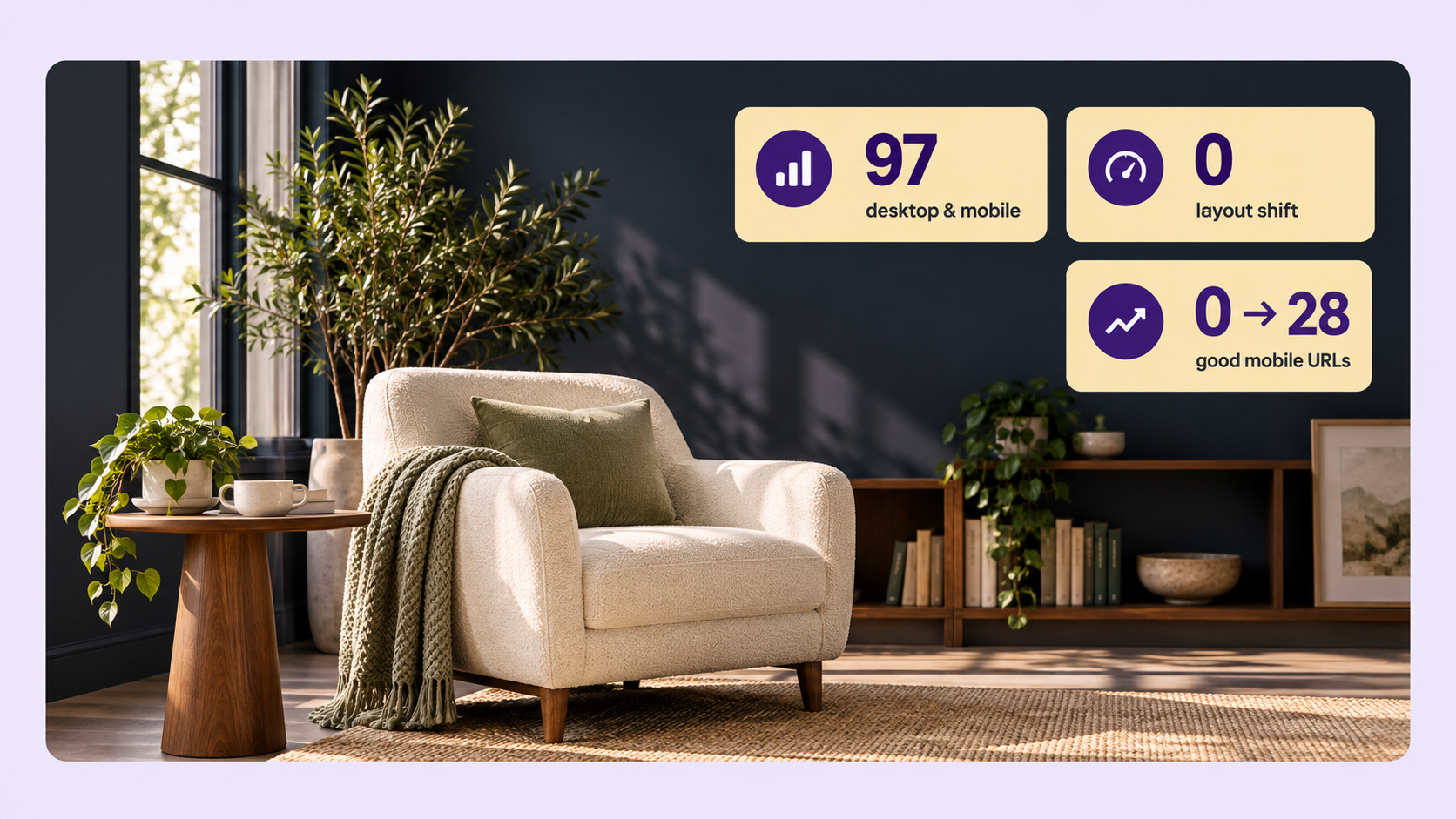Therapy room with metrics: 97 performance on desktop and mobile, zero layout shift and good mobile URLs increasing from zero to 28