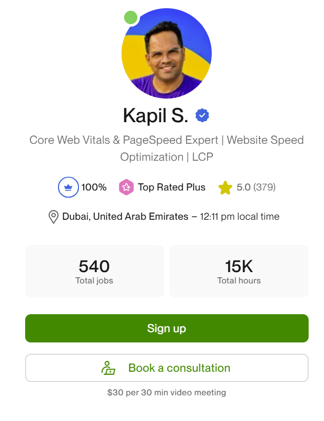 Kapil Singh's Upwork profile showing Top Rated Plus status, 100% Job Success, 5.0 rating, 500+ jobs and 15K+ hours